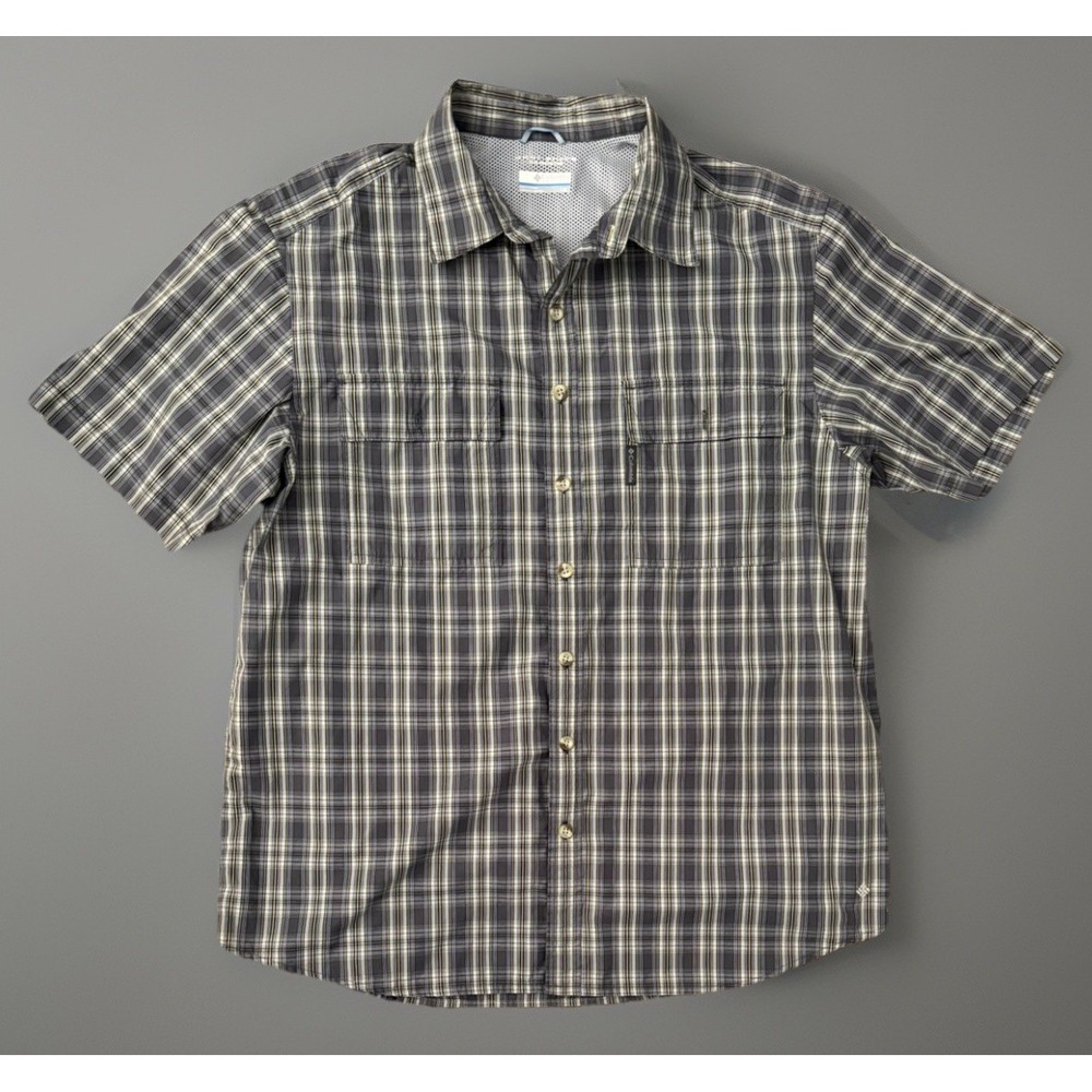 Columbia Omni Shade Short Sleeve Shirt Vented Gray Yellow Plaid Logo Large JBHS